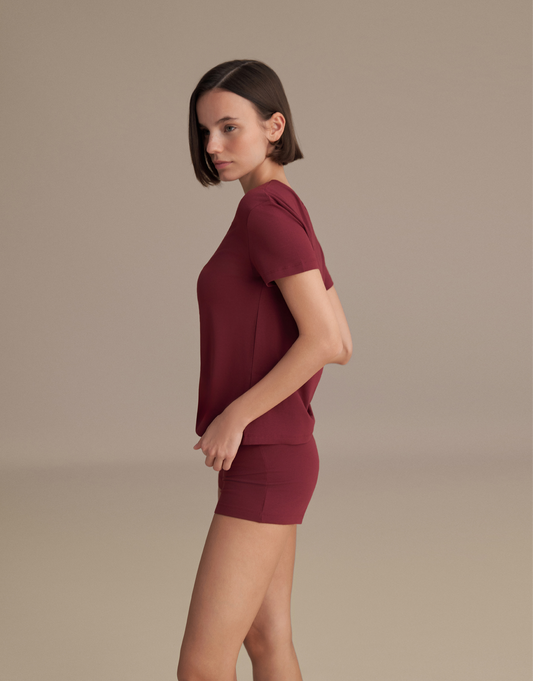 KISA KOLLU BASIC T-SHIRT BORDO
