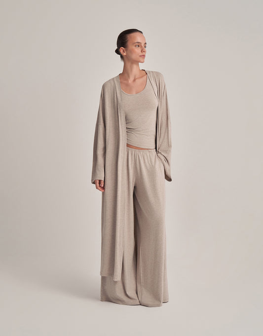 KEMERLİ KOMBİNE UZUN KİMONO EKRU MELANJ