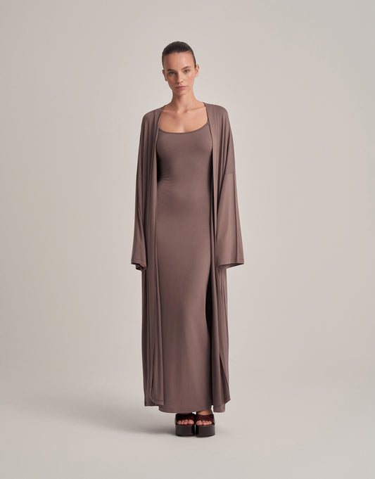 KEMERLİ KOMBİNE UZUN KİMONO KOYU VİZON