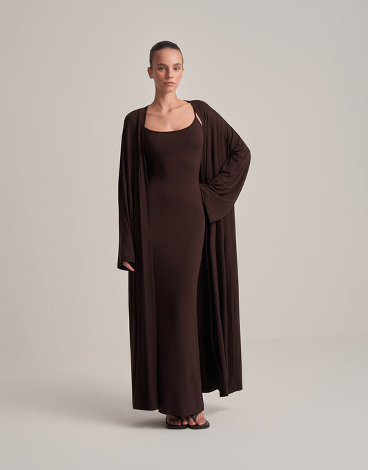 KEMERLİ KOMBİNE UZUN KİMONO ACI KAHVE