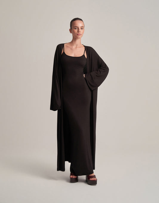 KEMERLİ KOMBİNE UZUN KİMONO SİYAH