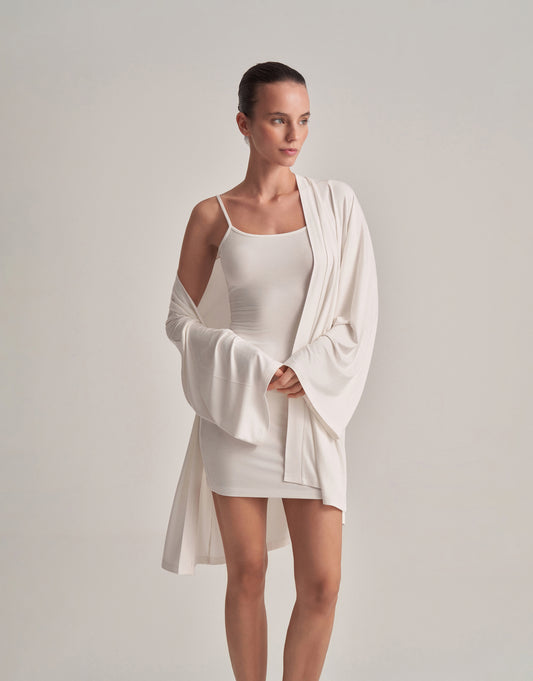 SIRT DEKOLTELI ASKILI KISA ELBİSE EKRU