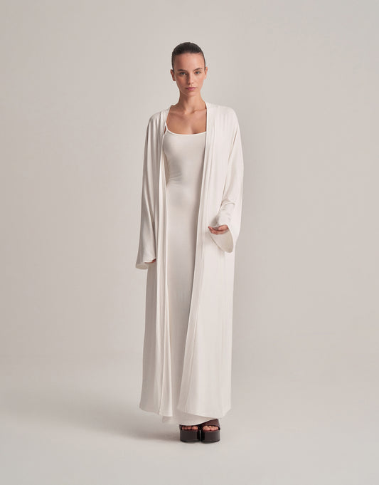 KEMERLİ KOMBİNE UZUN KİMONO EKRU