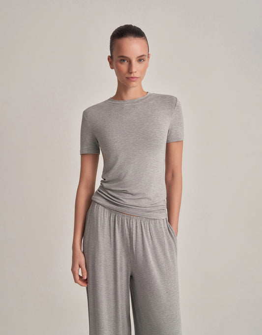 FIT KESIM KISA KOLLU T-SHIRT GRİ MELANJ