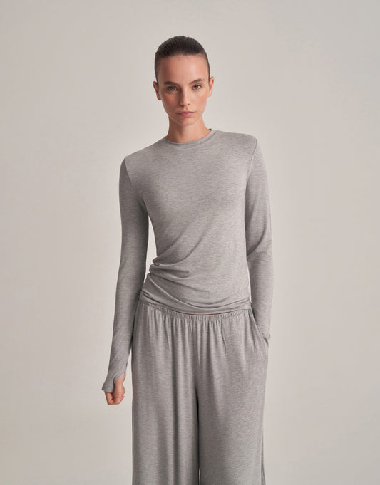 FIT KESIM UZUN KOLLU T-SHIRT GRİ MELANJ