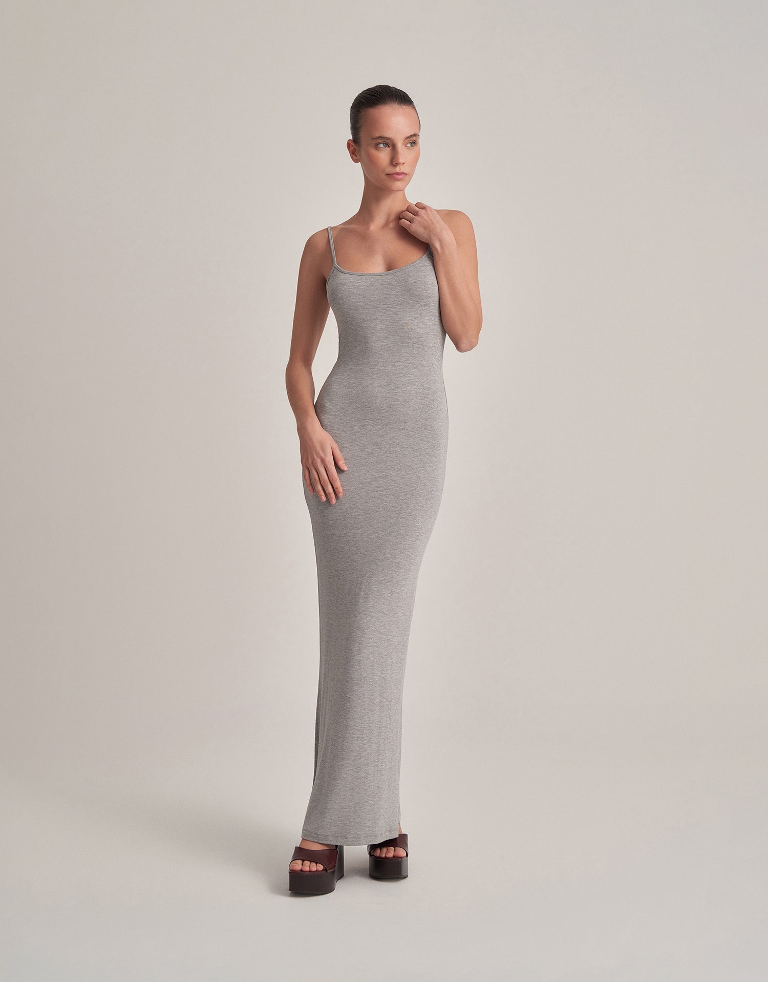 BACKLESS, STRAPLESS LONG DRESS, GRAY MELANGE