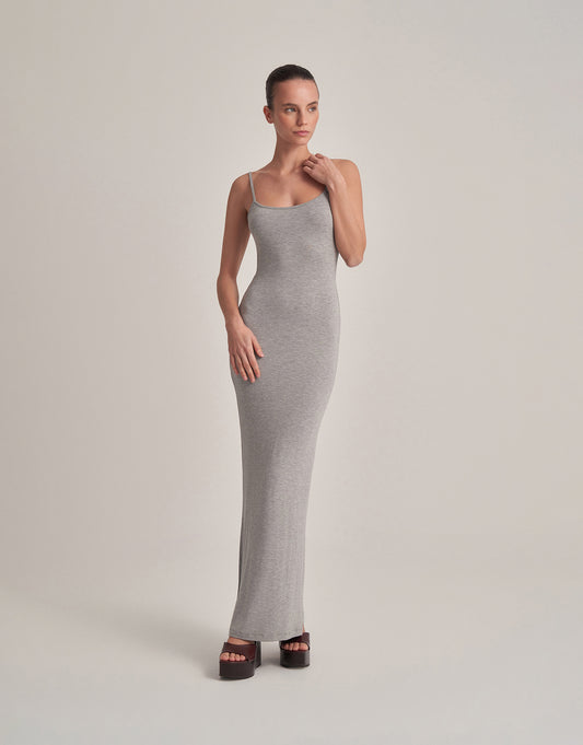 BACKLESS, STRAPLESS LONG DRESS, GRAY MELANGE