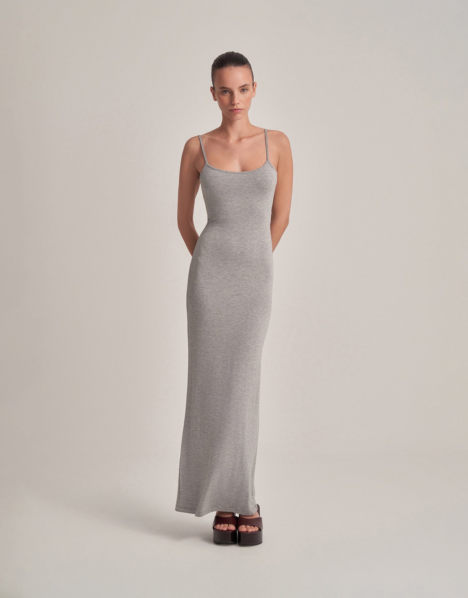 BACKLESS, STRAPLESS LONG DRESS, GRAY MELANGE