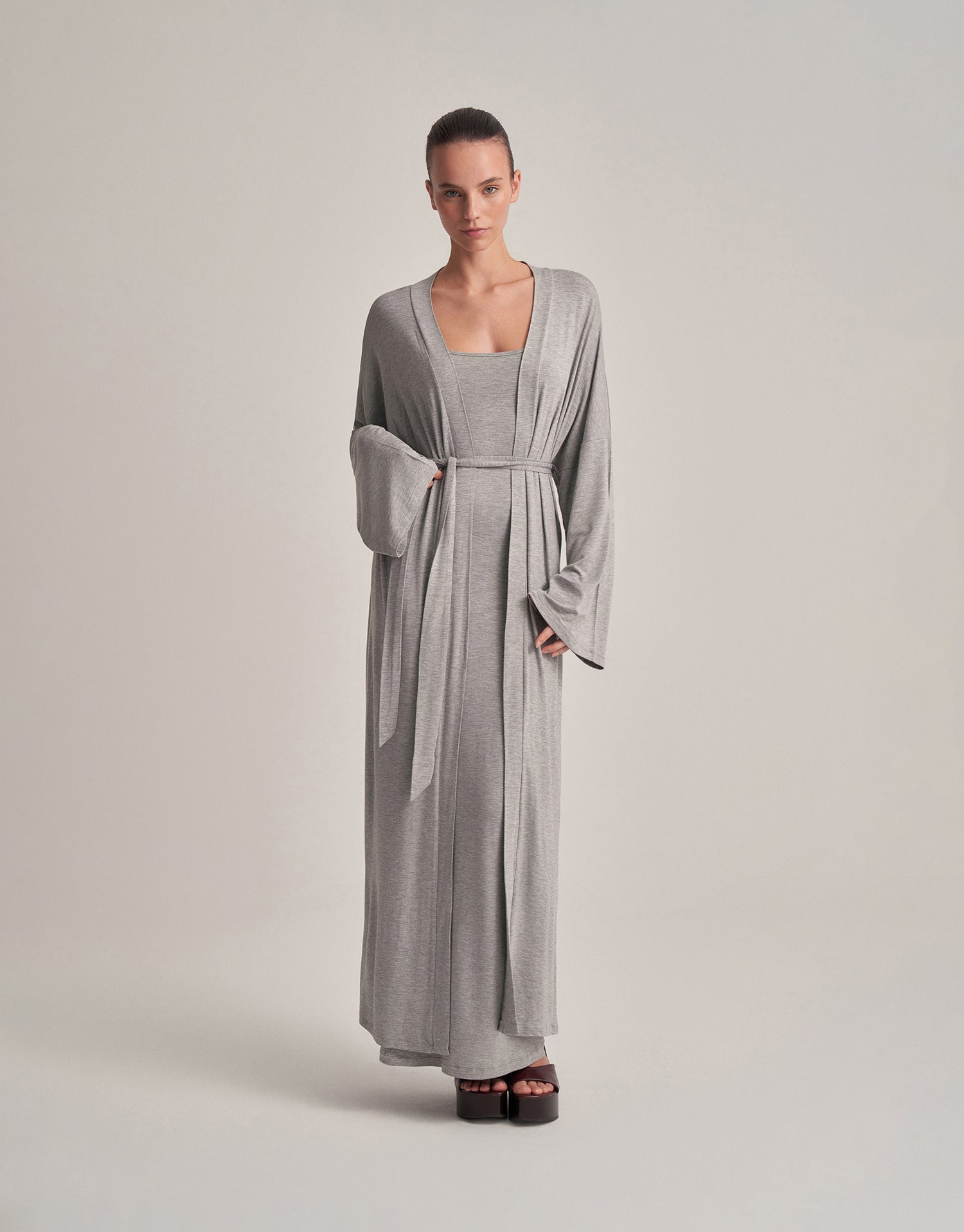 BELTED COMBINED LONG KIMONO GRAY MELANGE