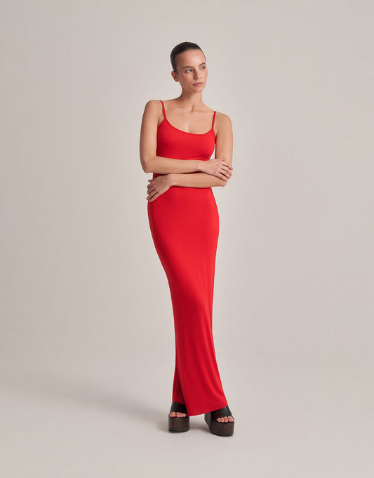 SIRT DEKOLTELİ ASKILI UZUN ELBİSE KIRMIZI