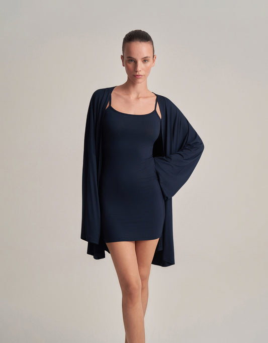 KEMERLİ KOMBİNE KISA KİMONO LACIVERT