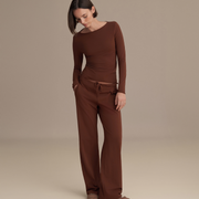 KAYIK YAKA UZUN KOLLU BLUZ ÇİKOLATA KAHVE