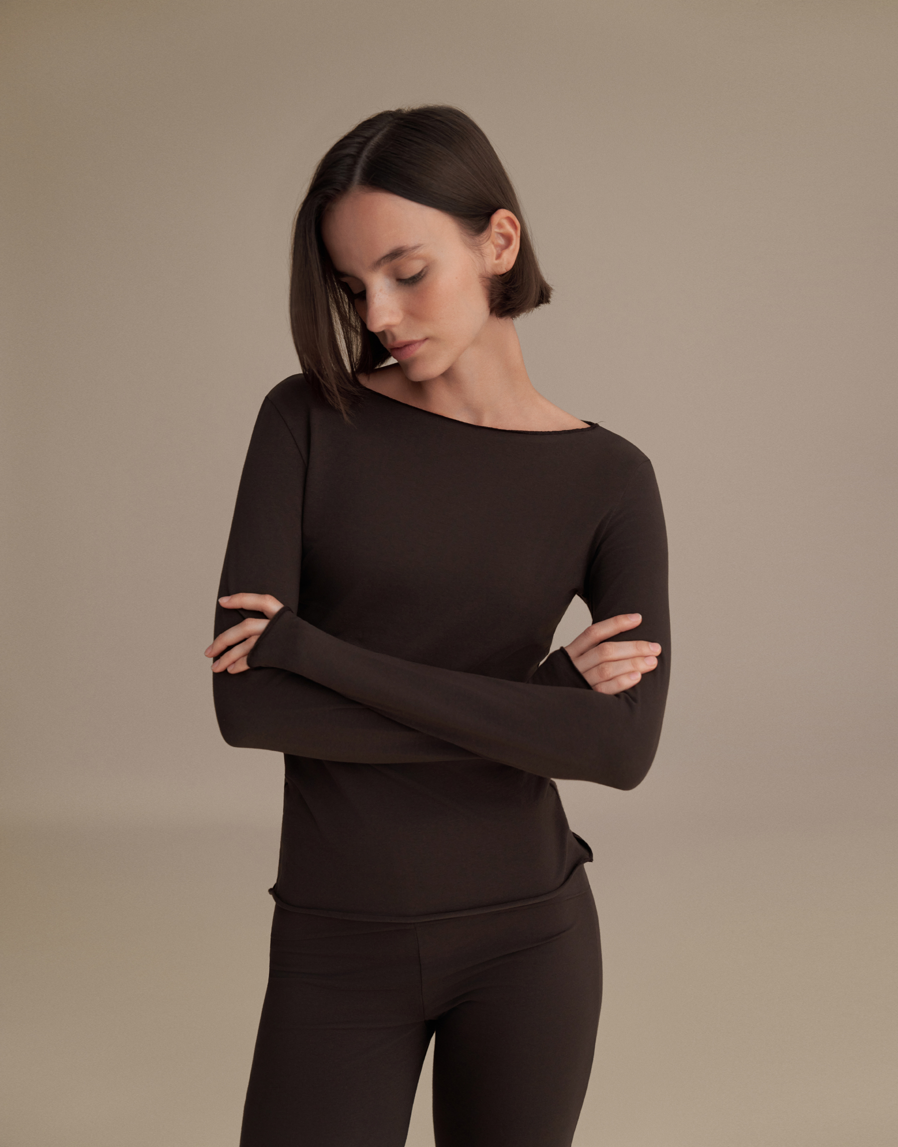 KAYIK YAKA UZUN KOLLU BLUZ ACI KAHVE