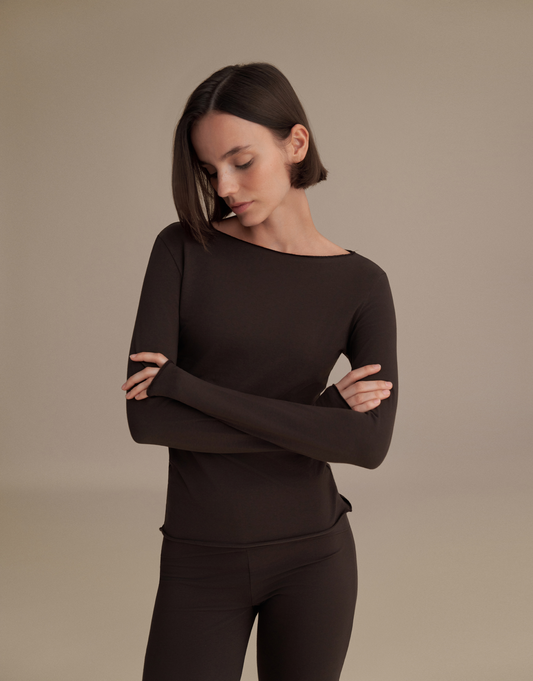 KAYIK YAKA UZUN KOLLU BLUZ ACI KAHVE