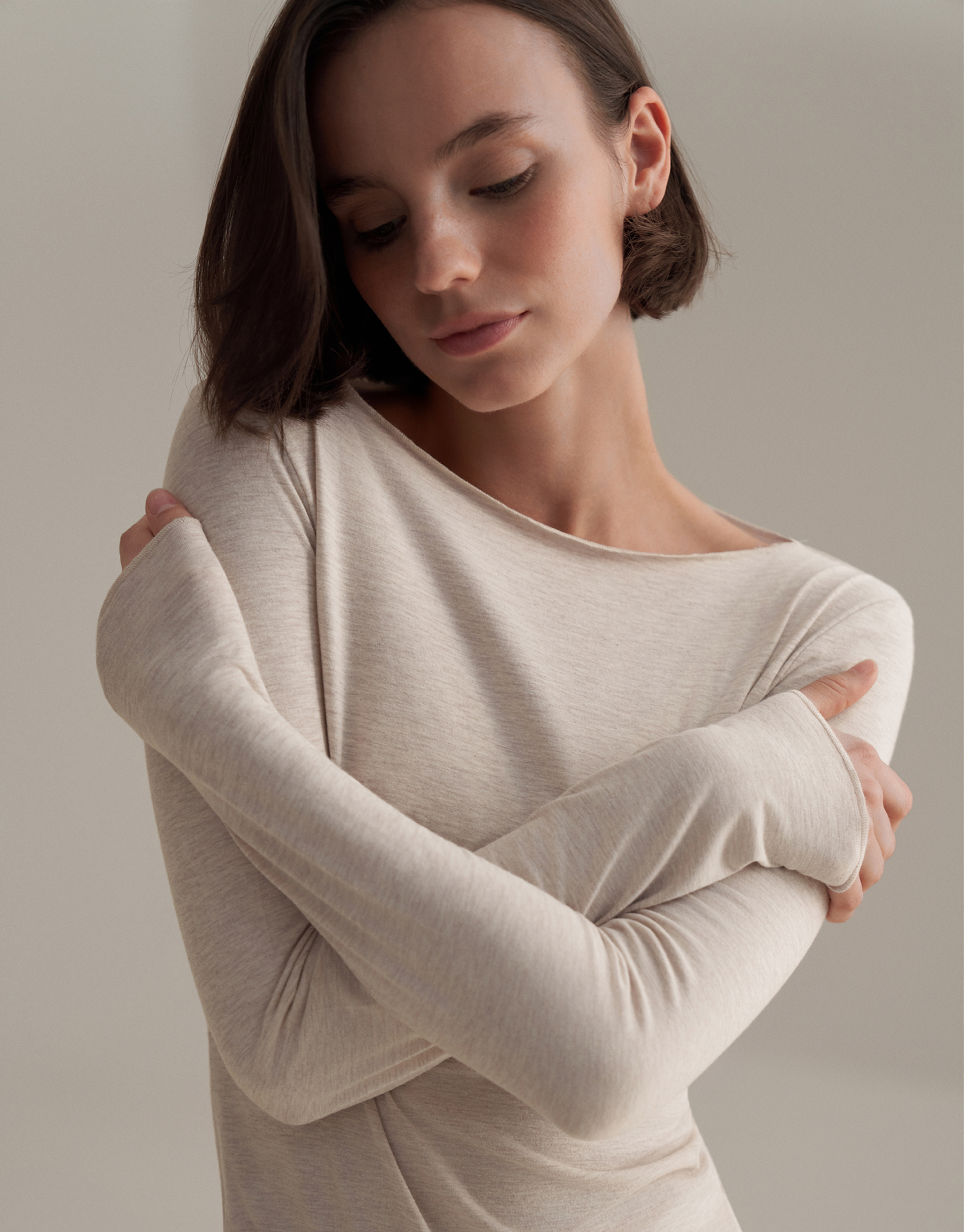 KAYIK YAKA UZUN KOLLU BLUZ EKRU MELANJ