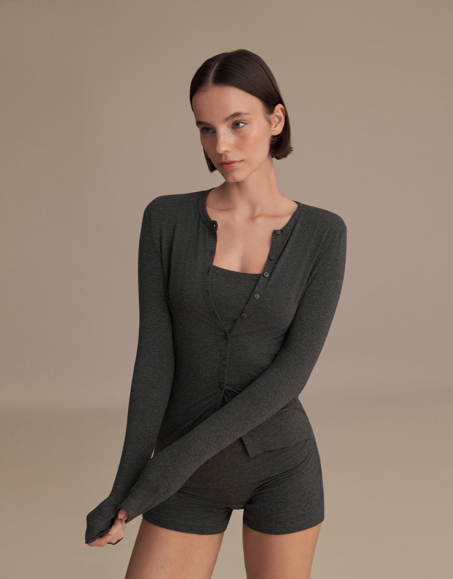 MİNİ DÜĞMELİ BLUZ ANTRASİT MELANJ