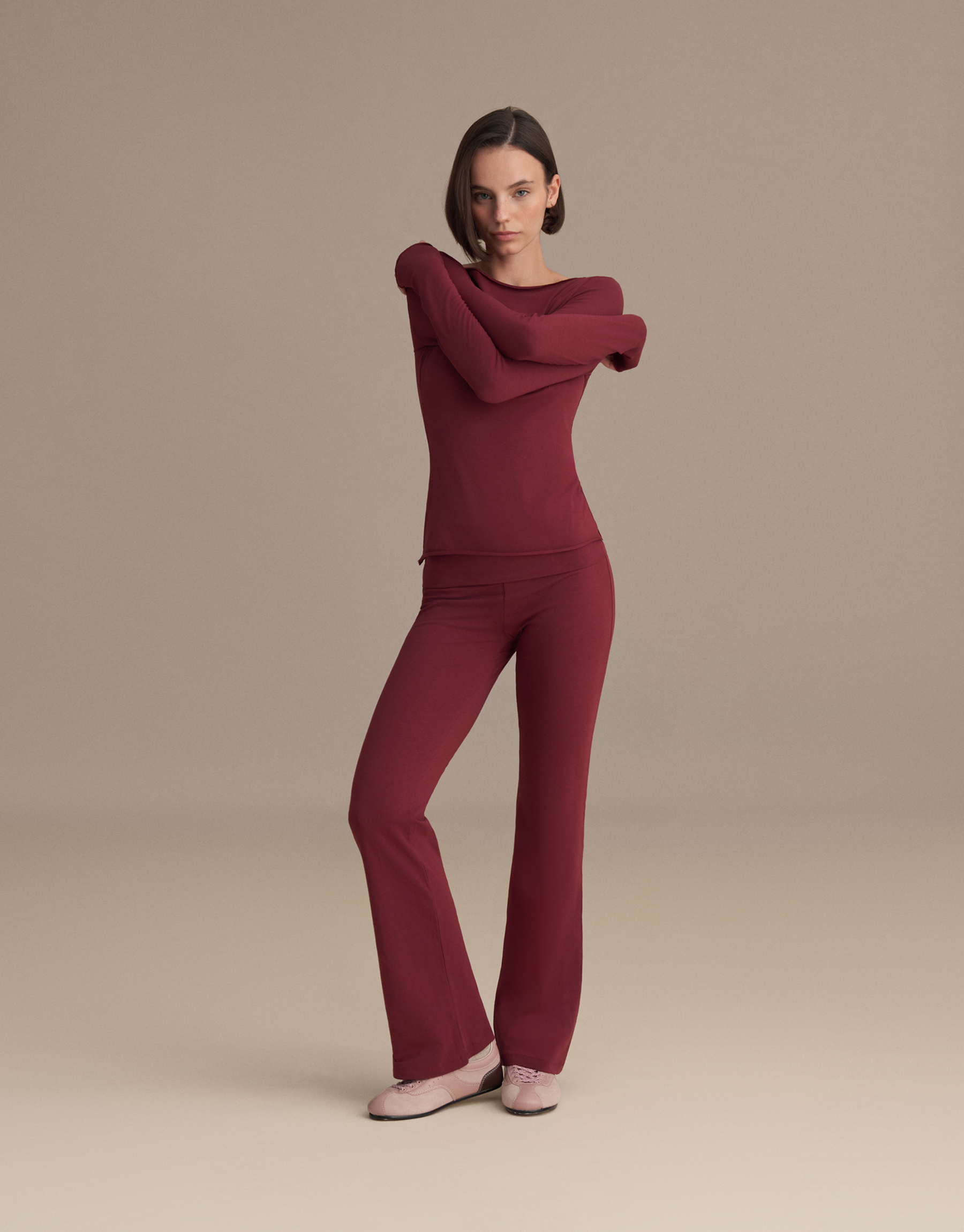SPANISH TROUSERS WITH FOLD-UP WAISTBAND, BURGUNDY