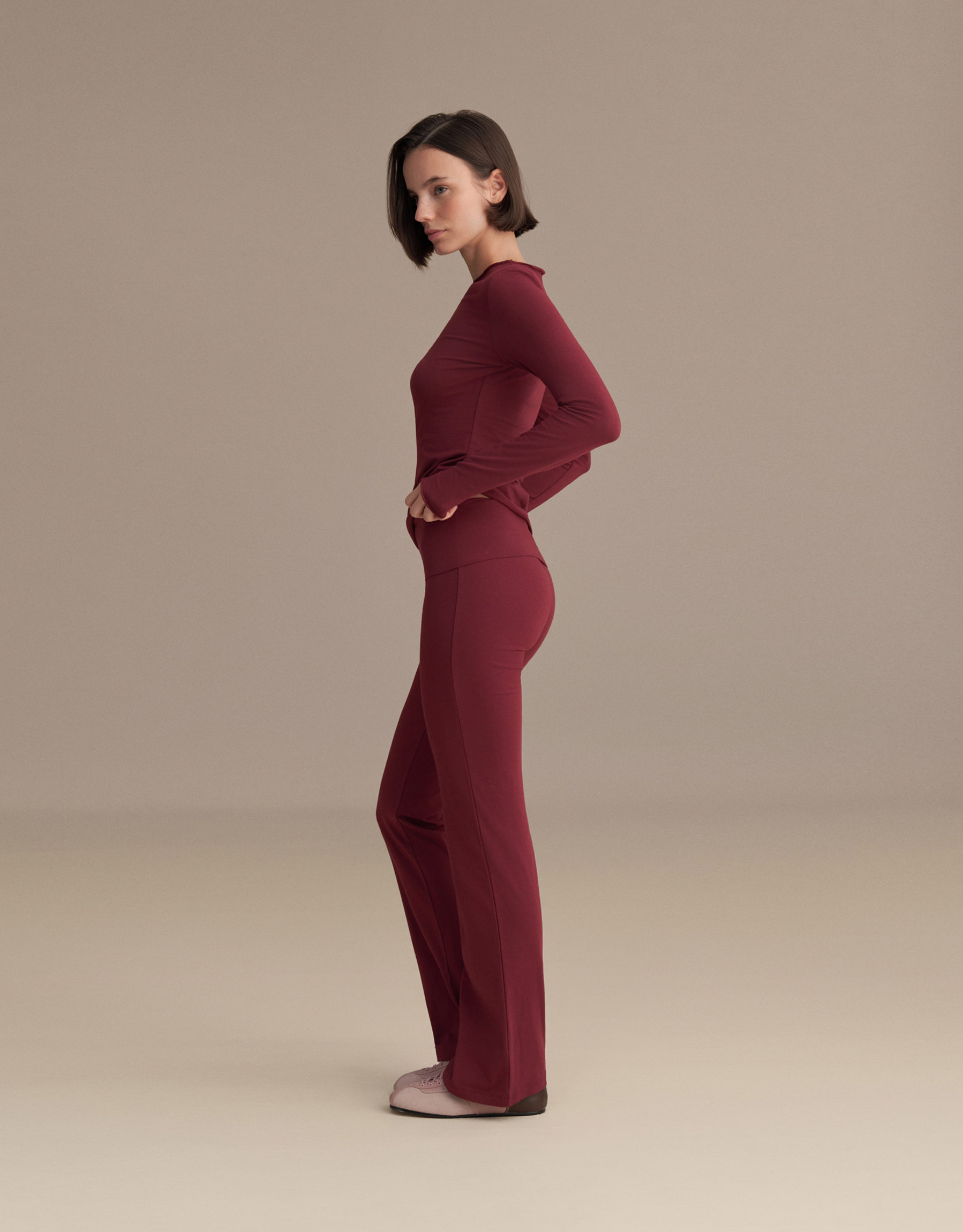 SPANISH TROUSERS WITH FOLD-UP WAISTBAND, BURGUNDY