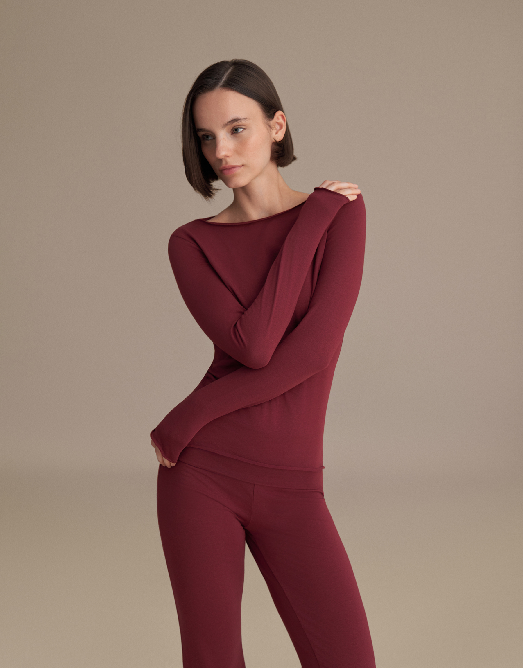 KAYIK YAKA UZUN KOLLU BLUZ BORDO