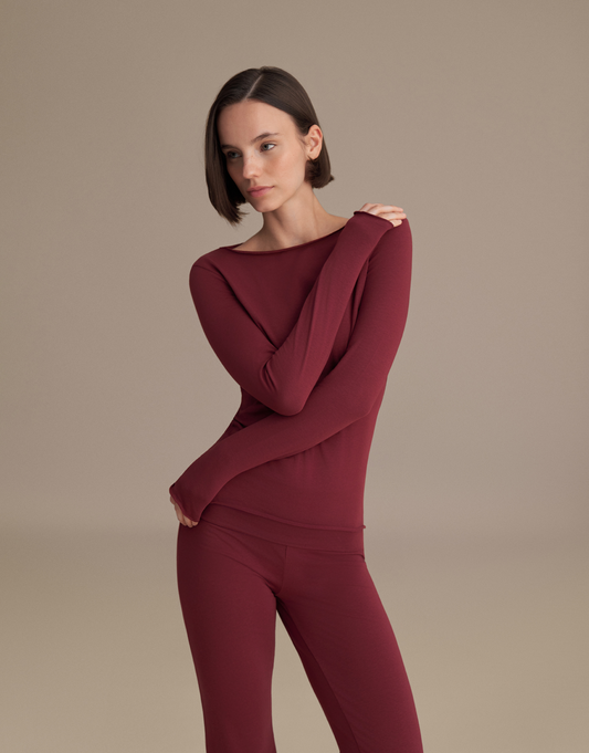 KAYIK YAKA UZUN KOLLU BLUZ BORDO