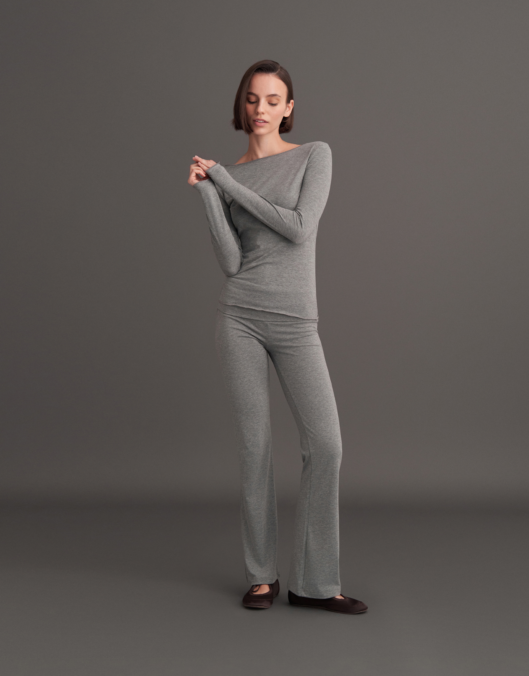 BAT-NECK LONG SLEEVE BLOUSE GRAY MELANGE