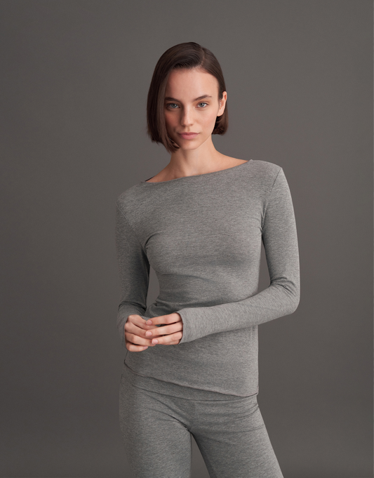 KAYIK YAKA UZUN KOLLU BLUZ GRİ MELANJ