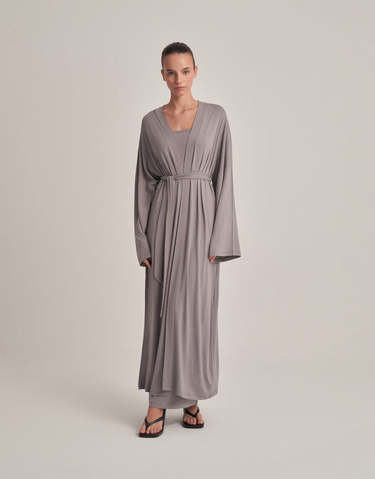 KEMERLİ KOMBİNE UZUN KİMONO KÜL GRİ