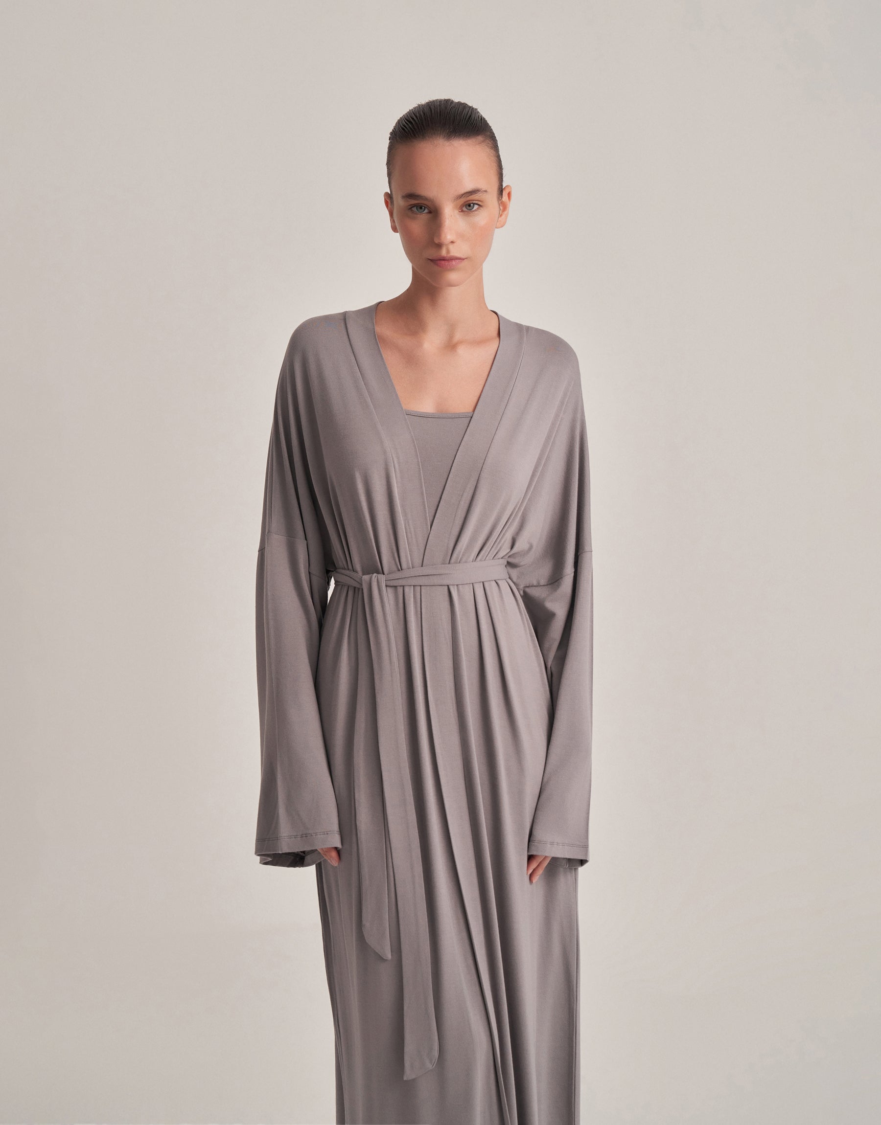 BELTED COMBINED LONG KIMONO ASH GRAY