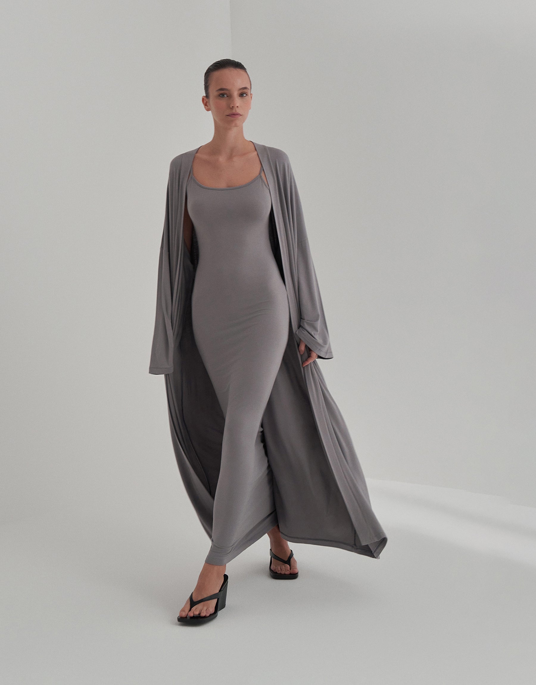 BELTED COMBINED LONG KIMONO ASH GRAY