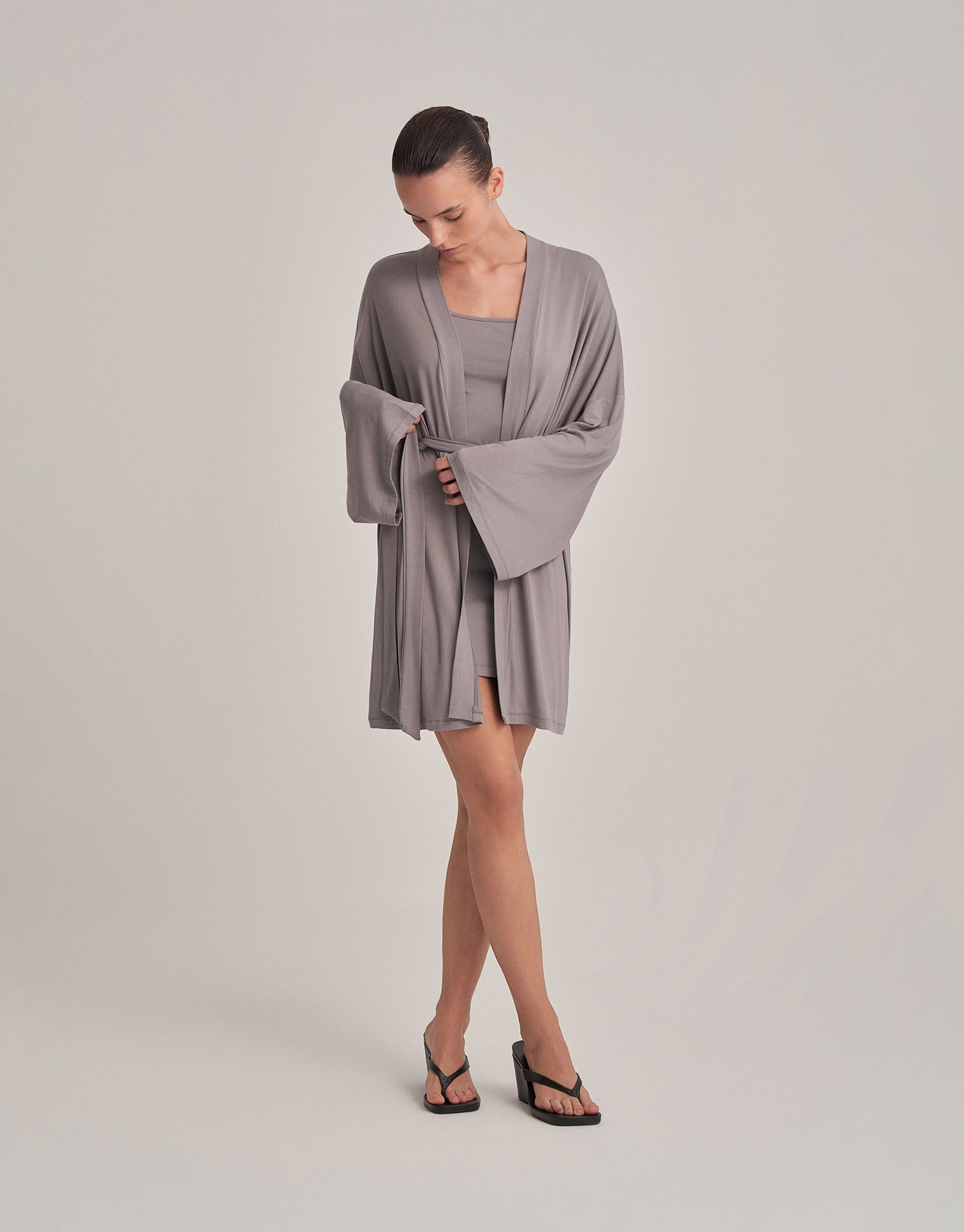 BELTED COMBINED SHORT KIMONO ASH GRAY