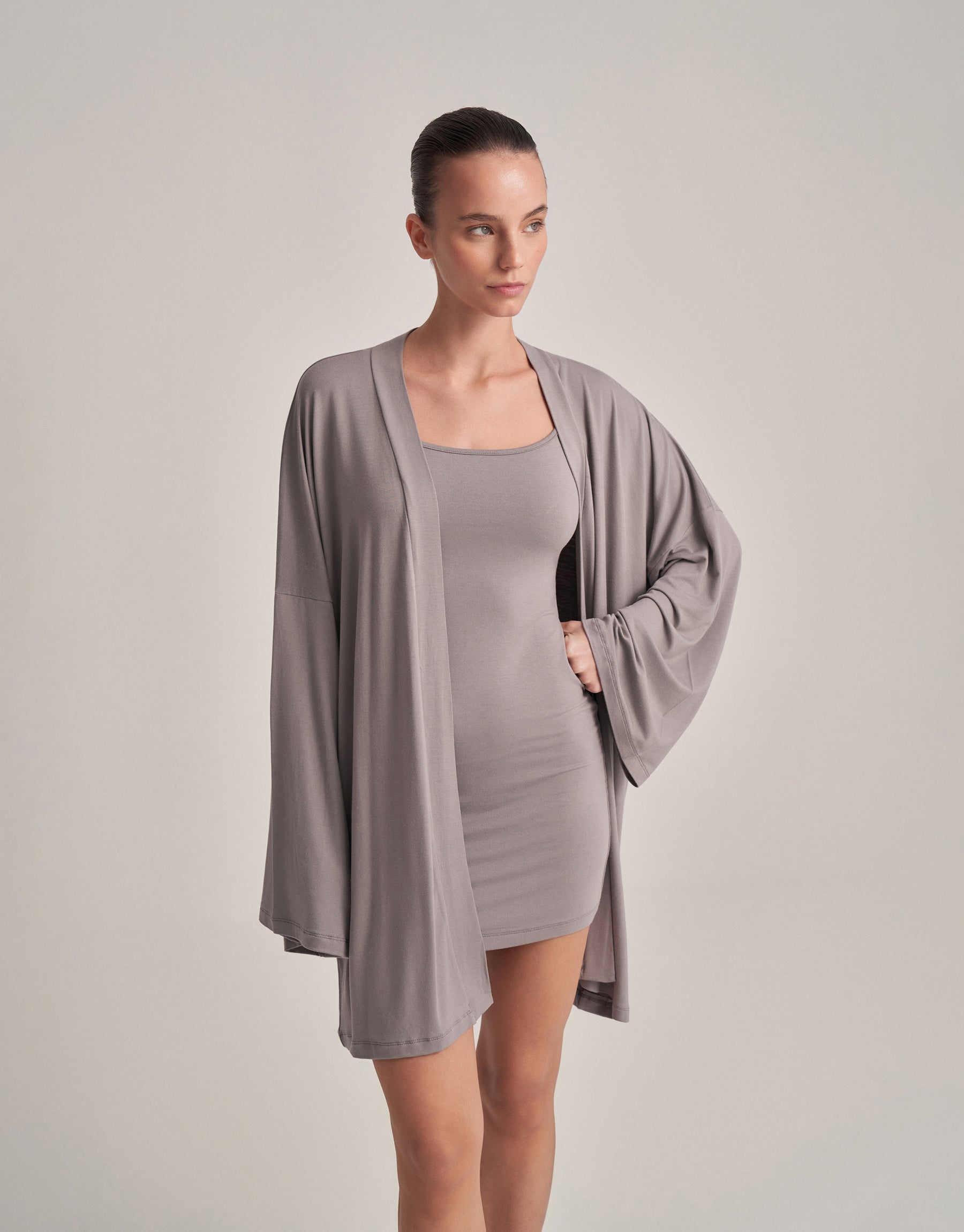 BELTED COMBINED SHORT KIMONO ASH GRAY