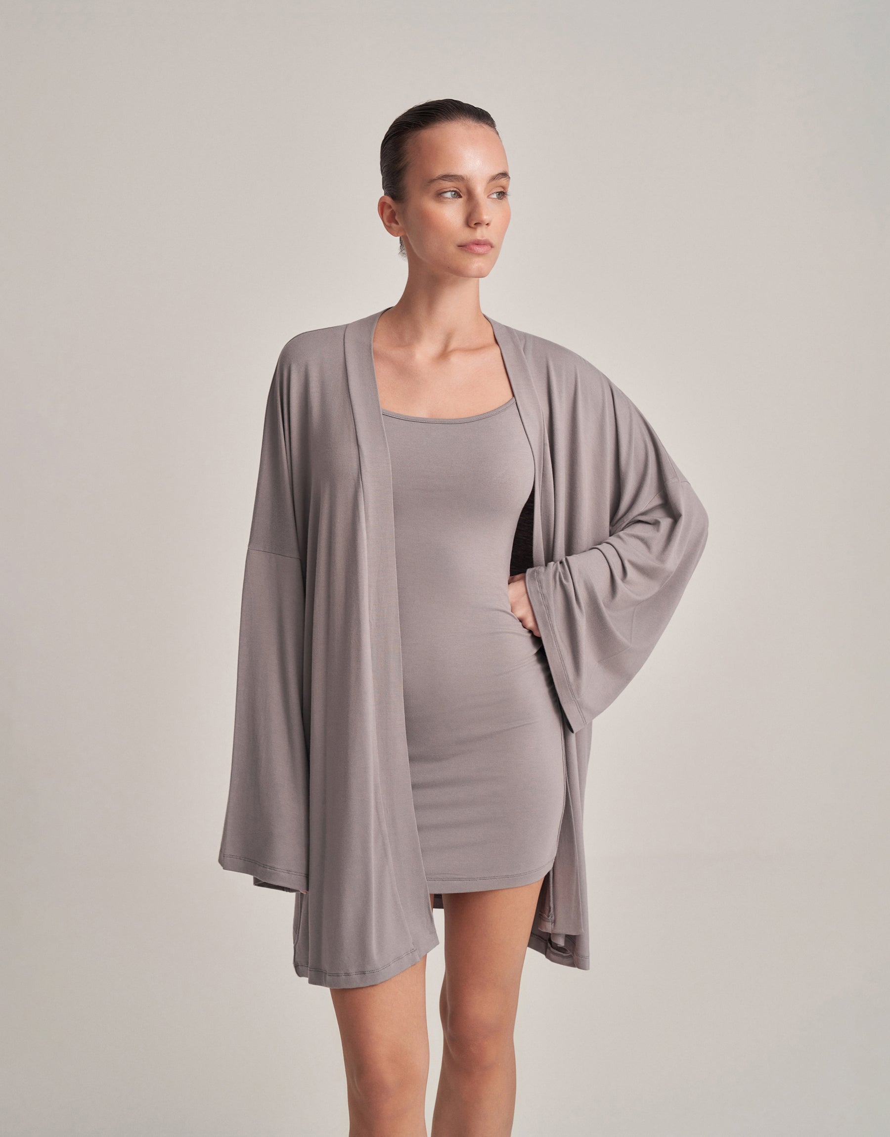 BELTED COMBINED SHORT KIMONO ASH GRAY