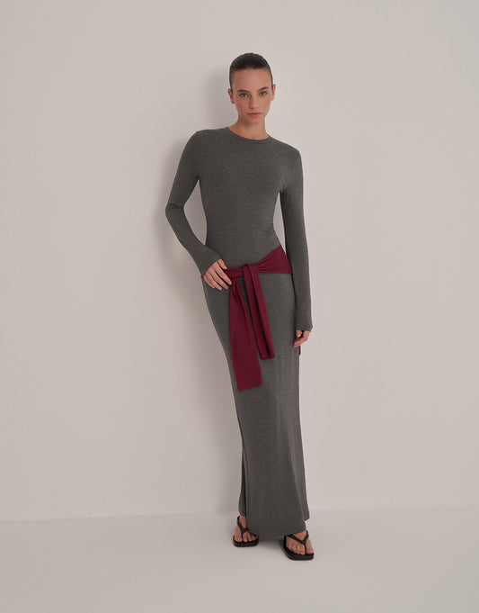 BEDENİ SARAN MAKSİ BOY ELBİSE ANTRASIT MELANJ