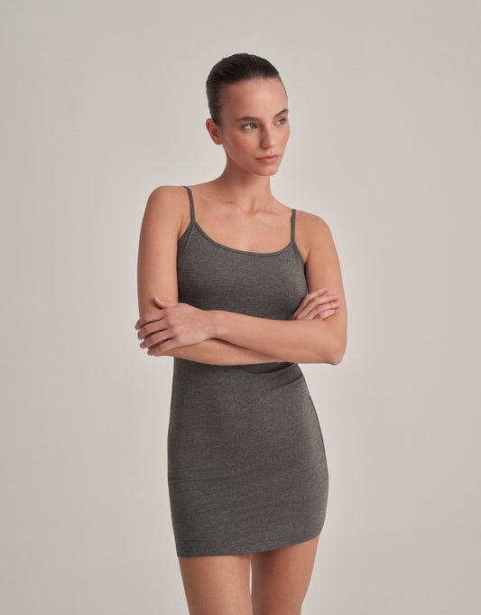 SIRT DEKOLTELI ASKILI KISA ELBİSE ANTRASİT MELANJ