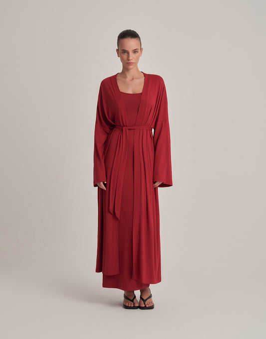 KEMERLİ KOMBİNE UZUN KİMONO BORDO