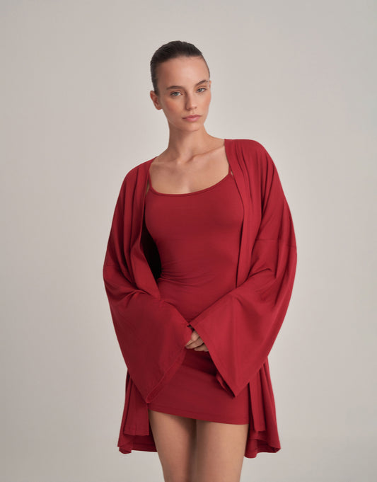 KEMERLİ KOMBİNE KISA KİMONO BORDO