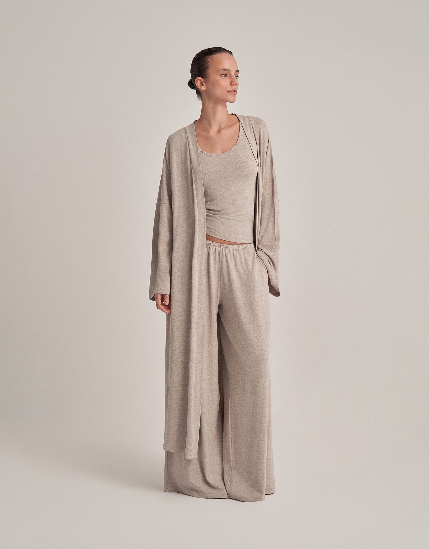 KEMERLİ KOMBİNE UZUN KİMONO EKRU MELANJ