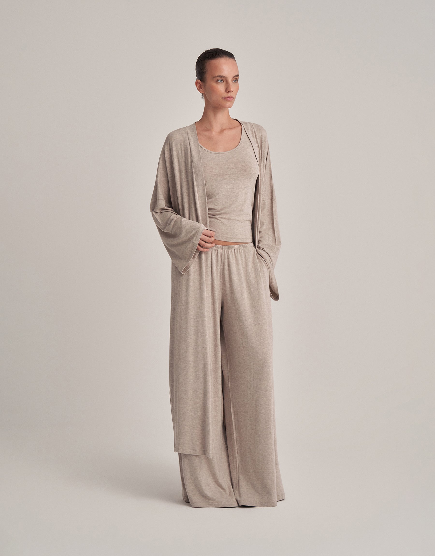 KEMERLİ KOMBİNE UZUN KİMONO EKRU MELANJ