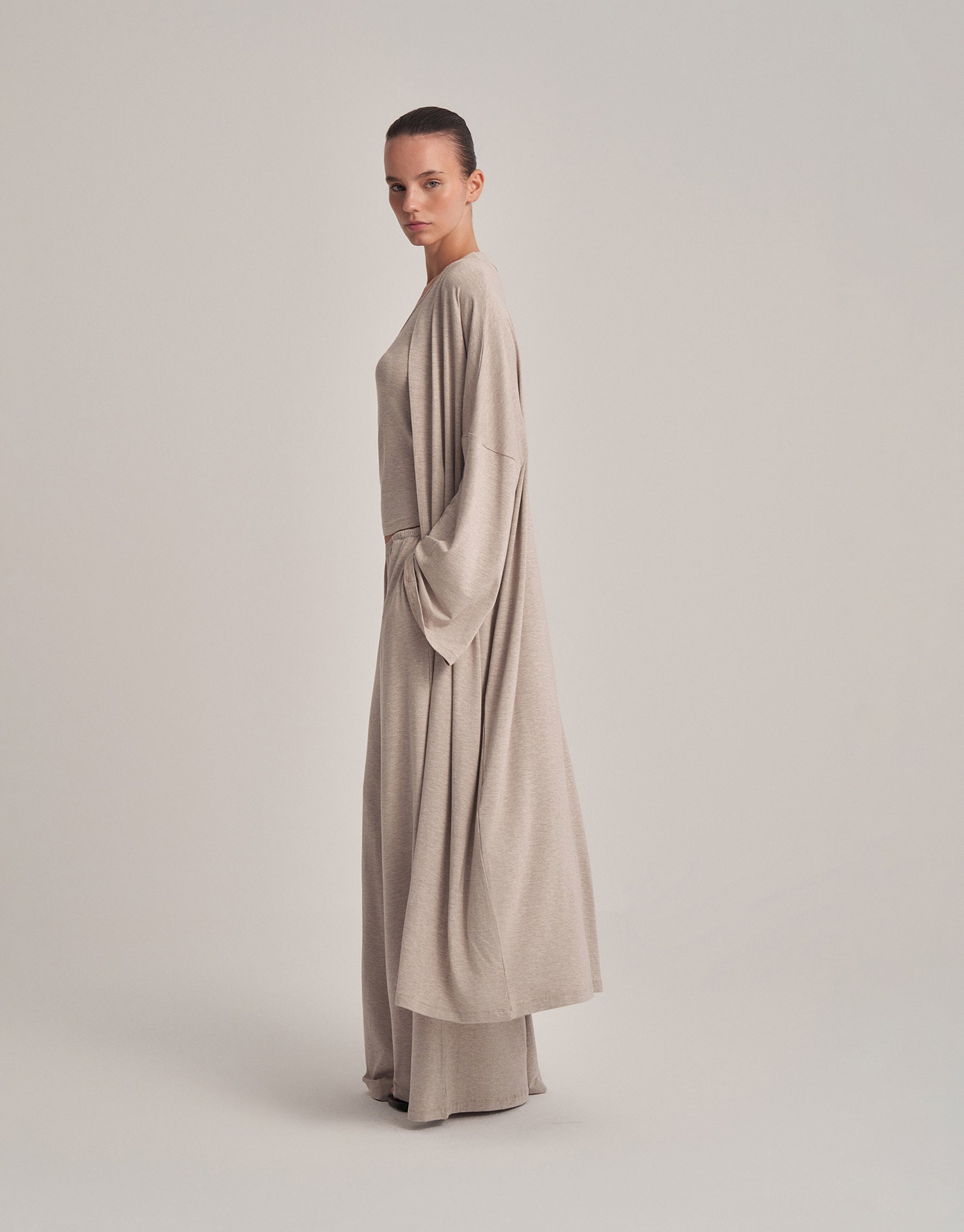 KEMERLİ KOMBİNE UZUN KİMONO EKRU MELANJ