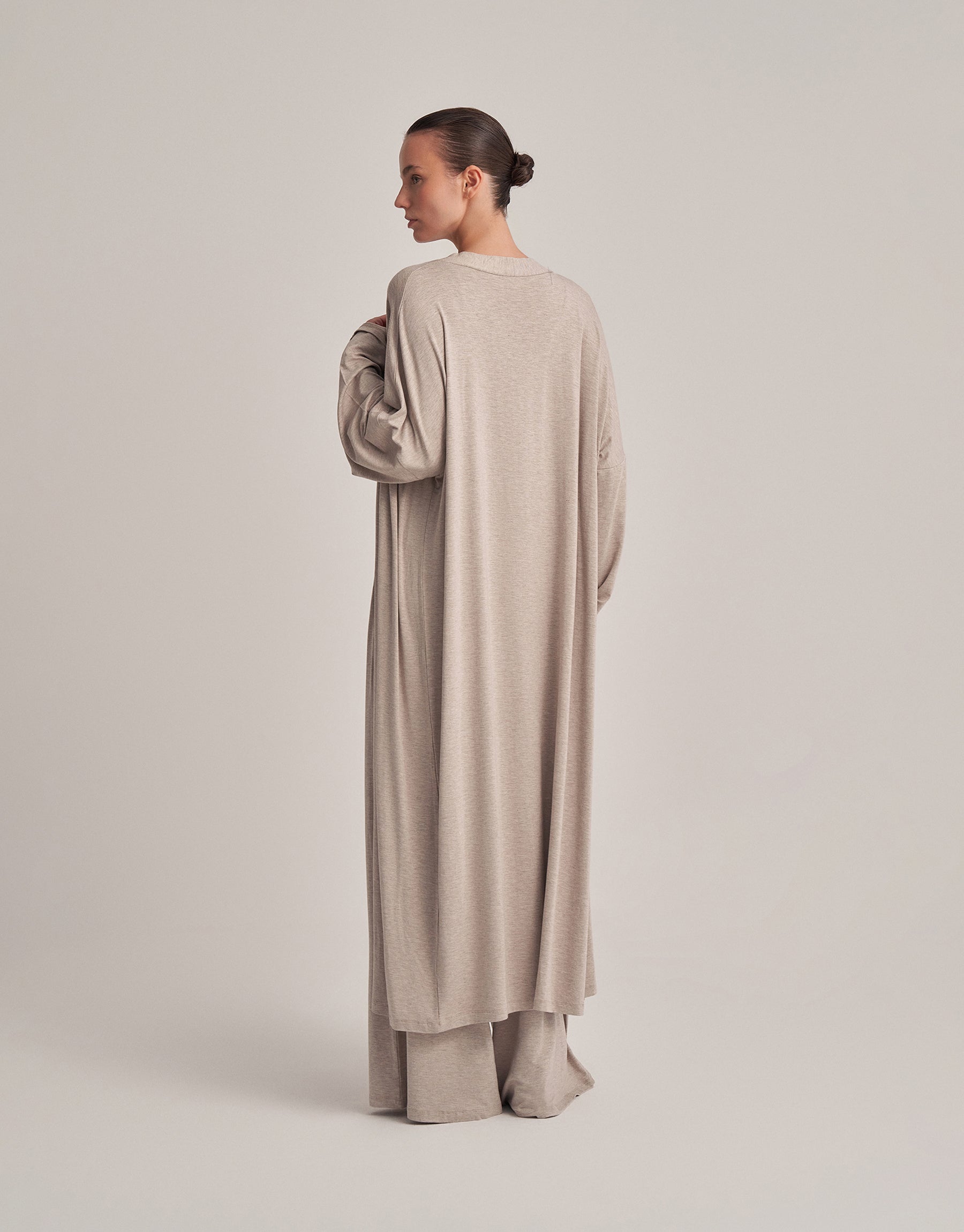 KEMERLİ KOMBİNE UZUN KİMONO EKRU MELANJ