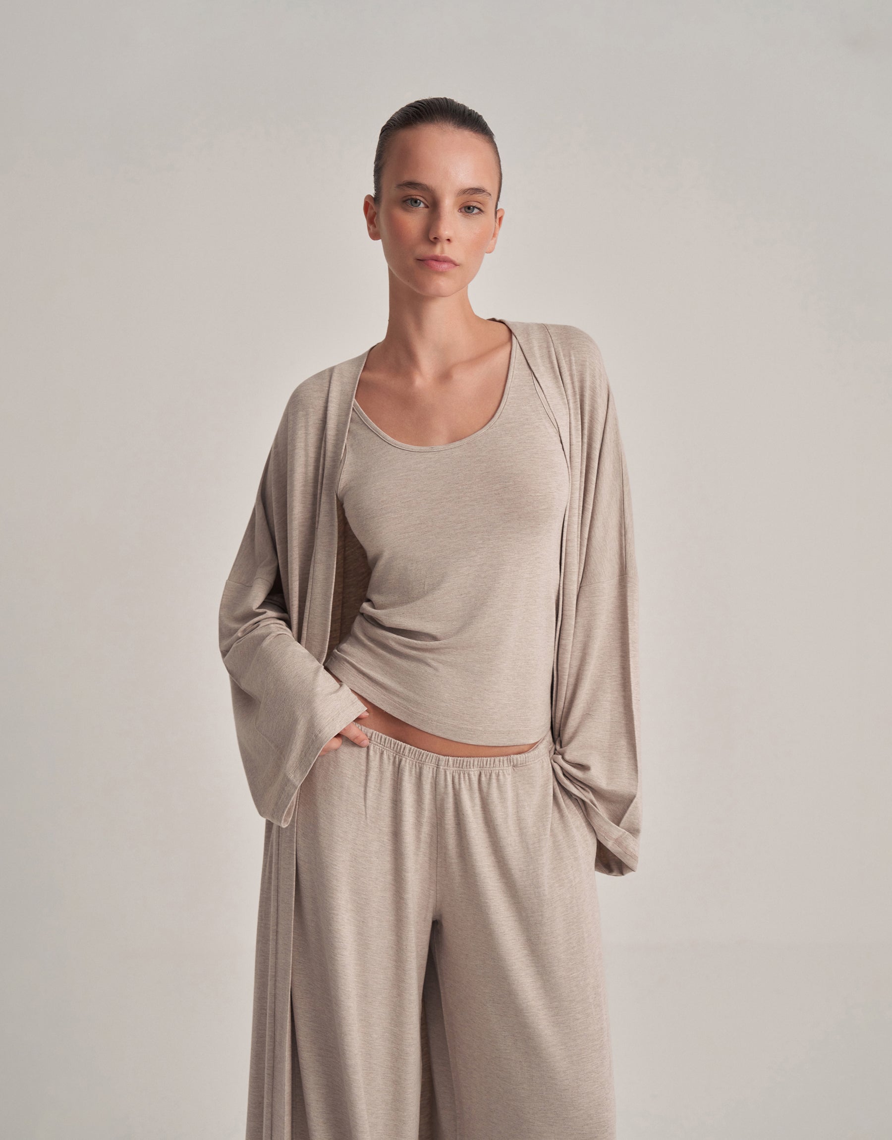 KEMERLİ KOMBİNE UZUN KİMONO EKRU MELANJ