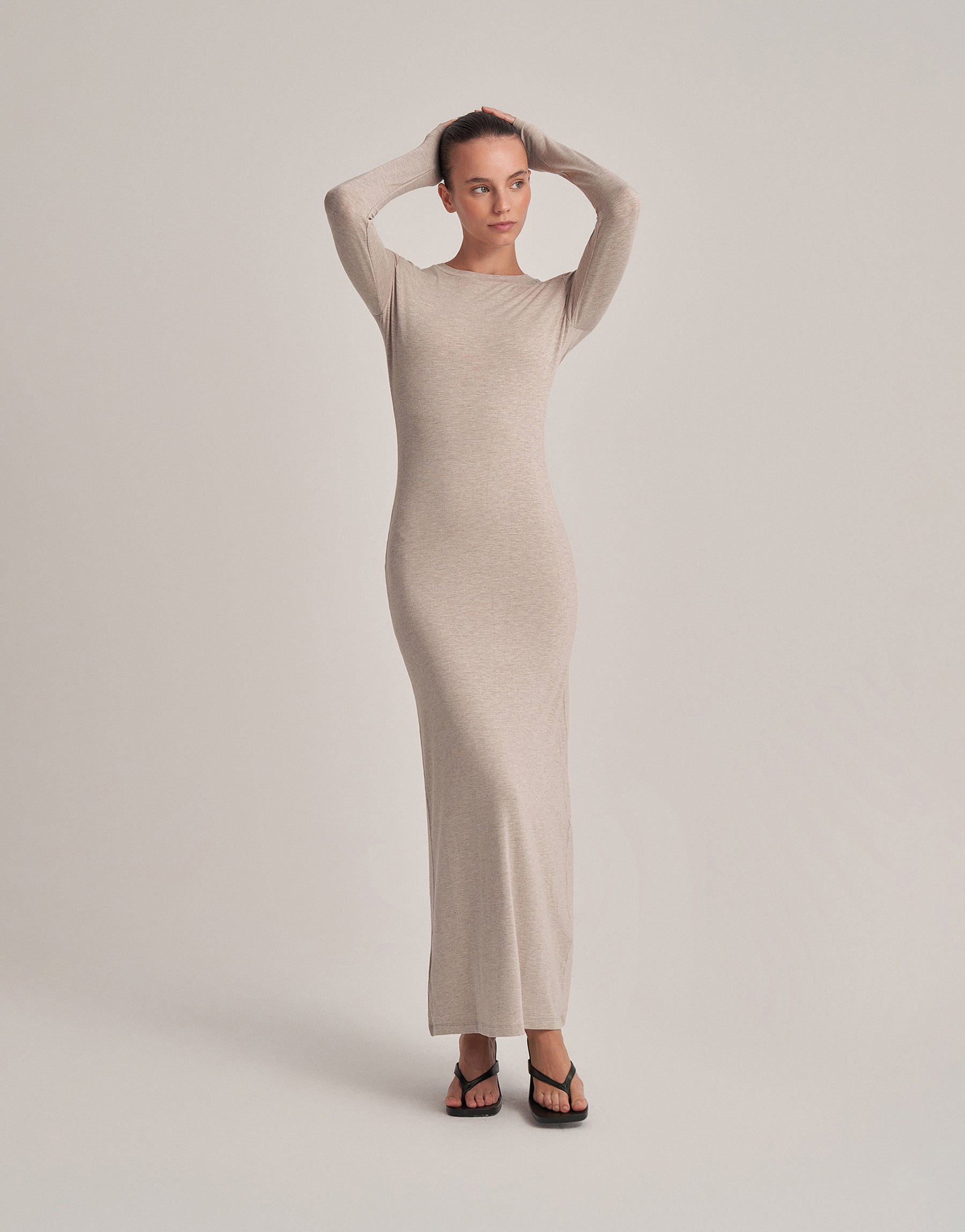 BEDENİ SARAN MAKSİ BOY ELBİSE EKRU MELANJ