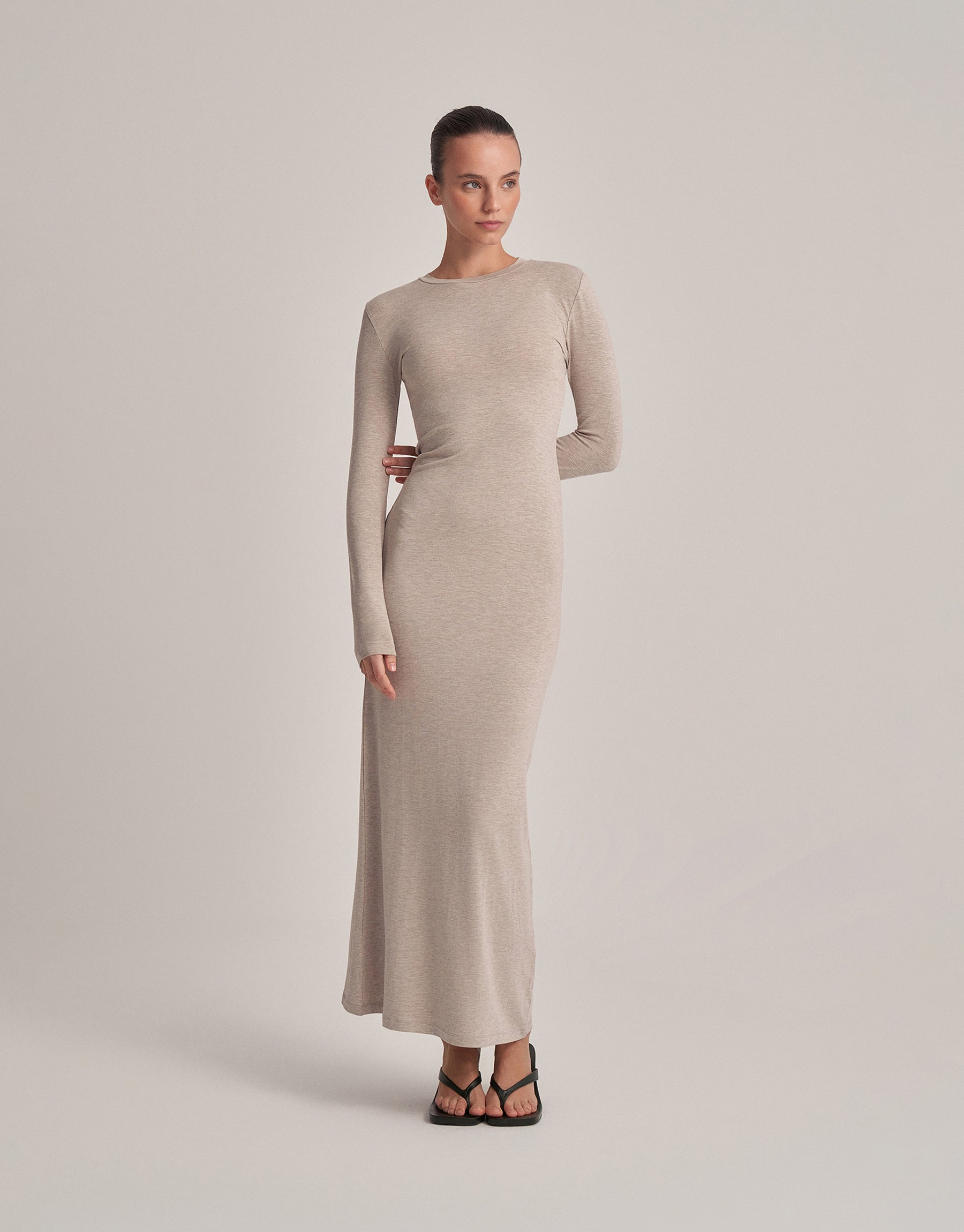 BEDENİ SARAN MAKSİ BOY ELBİSE EKRU MELANJ