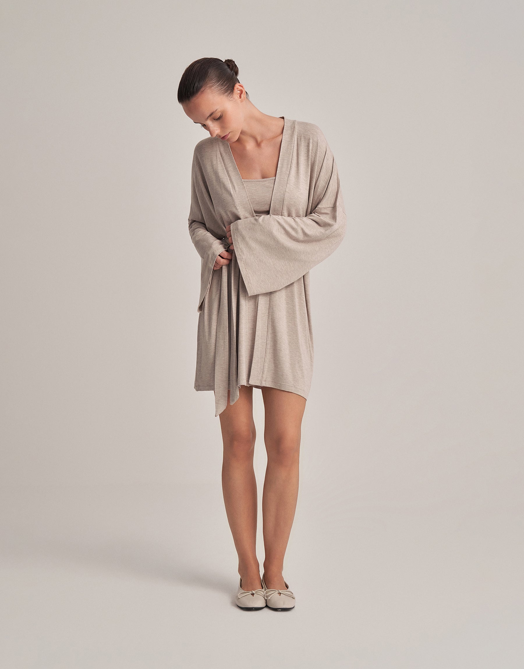 BELTED COMBINED SHORT KIMONO, ECRU MELANGE