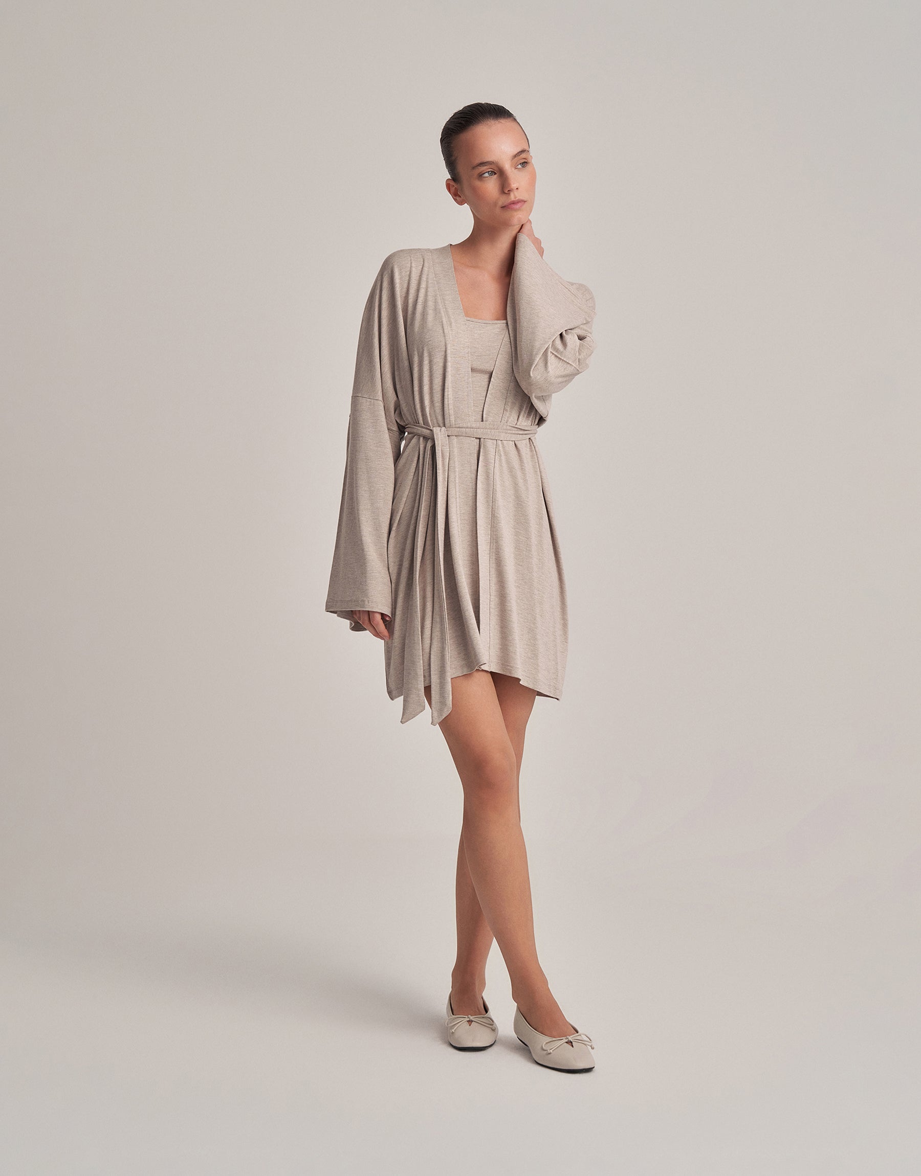 BELTED COMBINED SHORT KIMONO, ECRU MELANGE