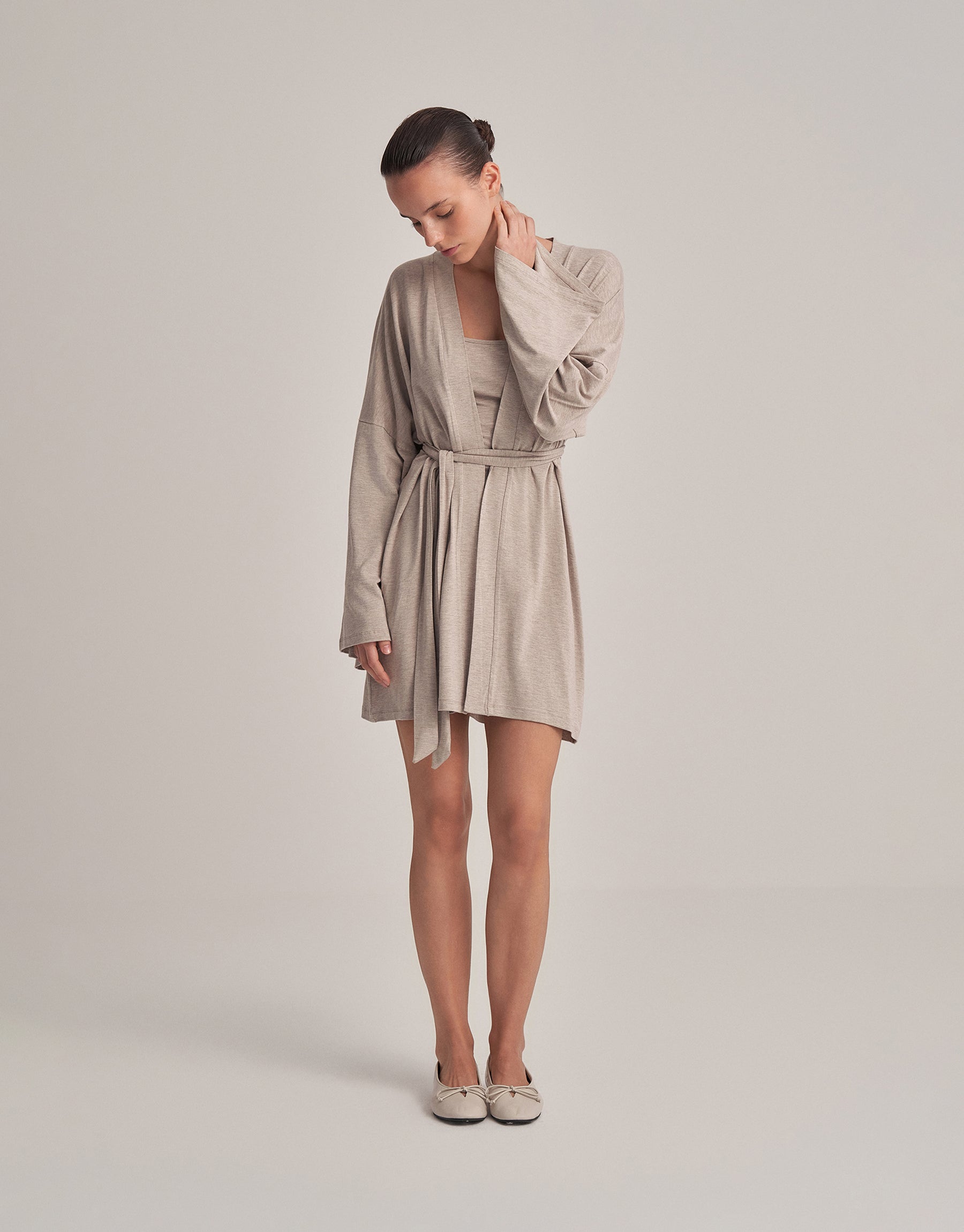 BELTED COMBINED SHORT KIMONO, ECRU MELANGE