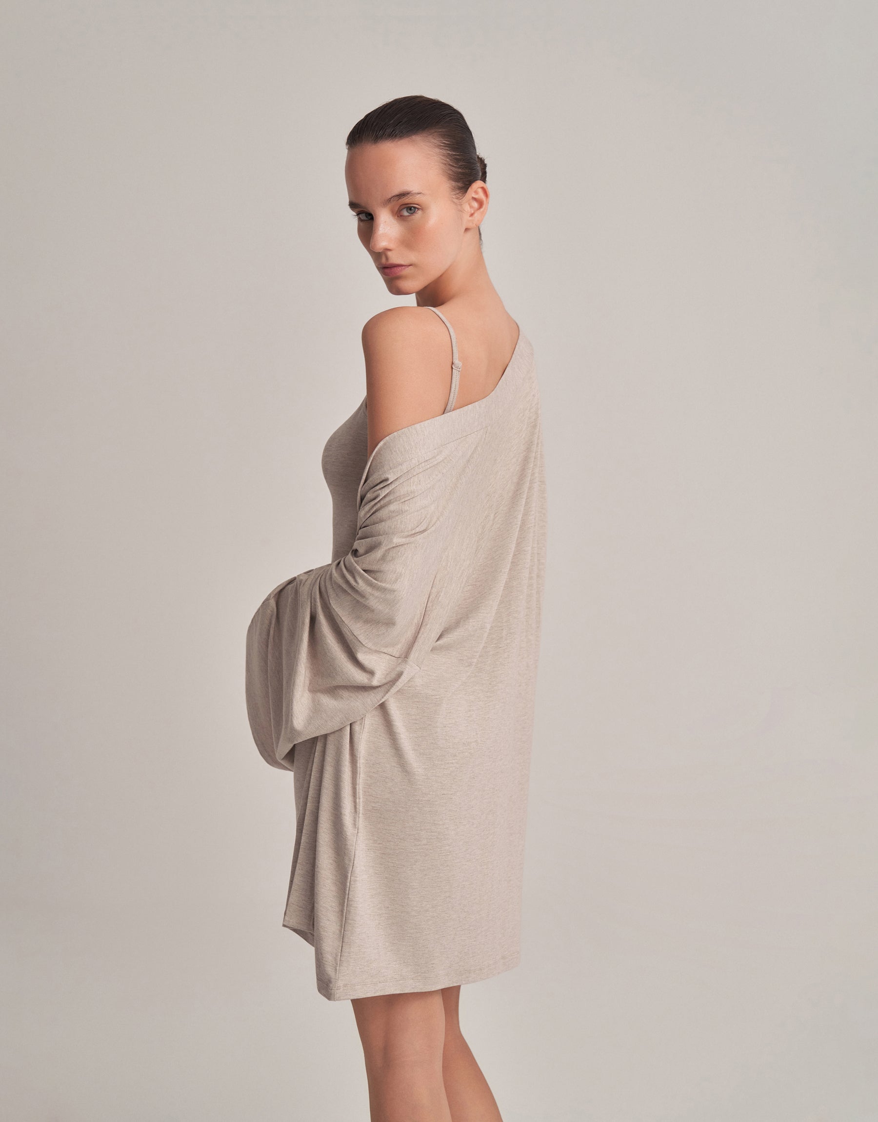 BELTED COMBINED SHORT KIMONO, ECRU MELANGE