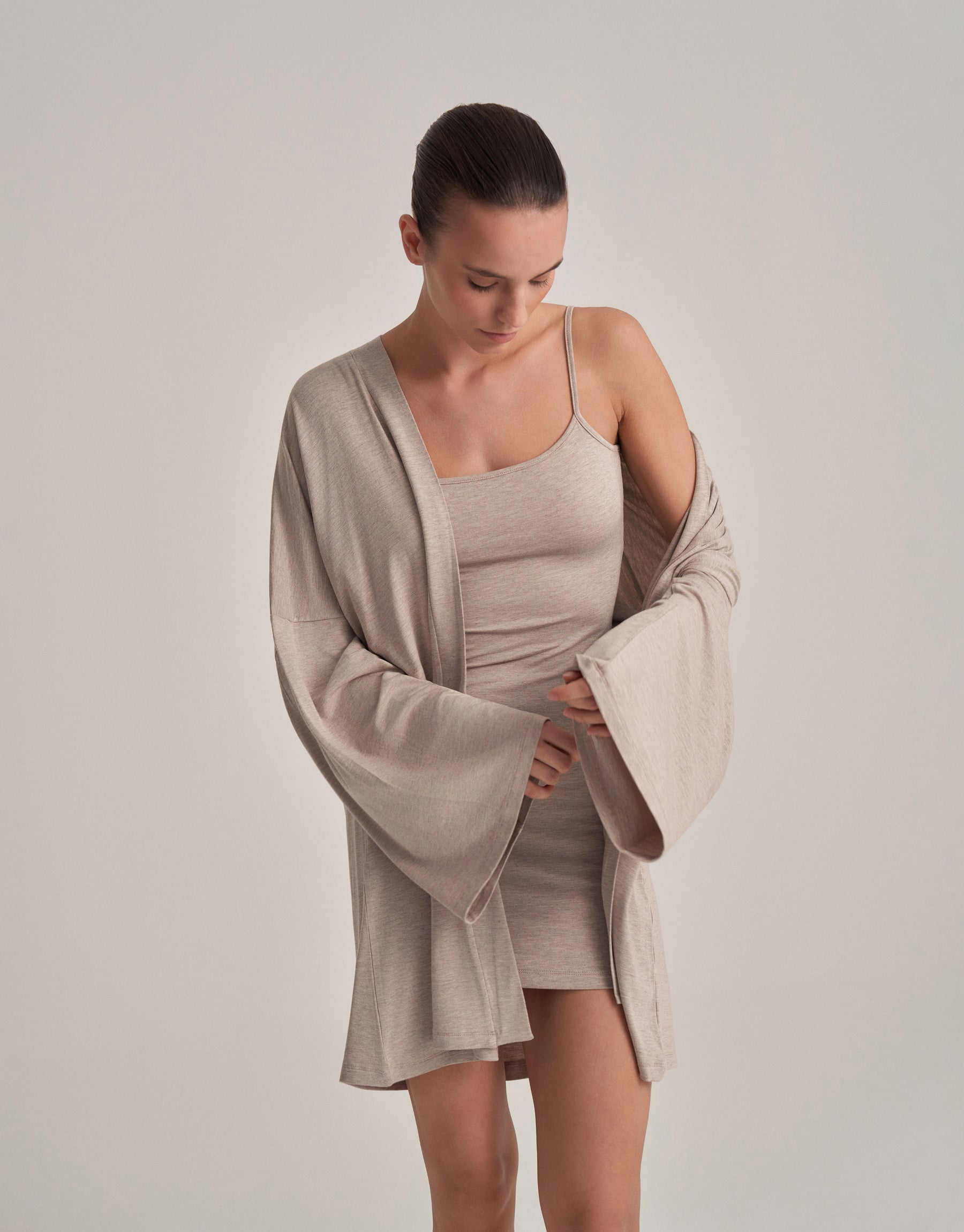 BACKLESS, STRAPLESS SHORT DRESS, ECRU MELANGE