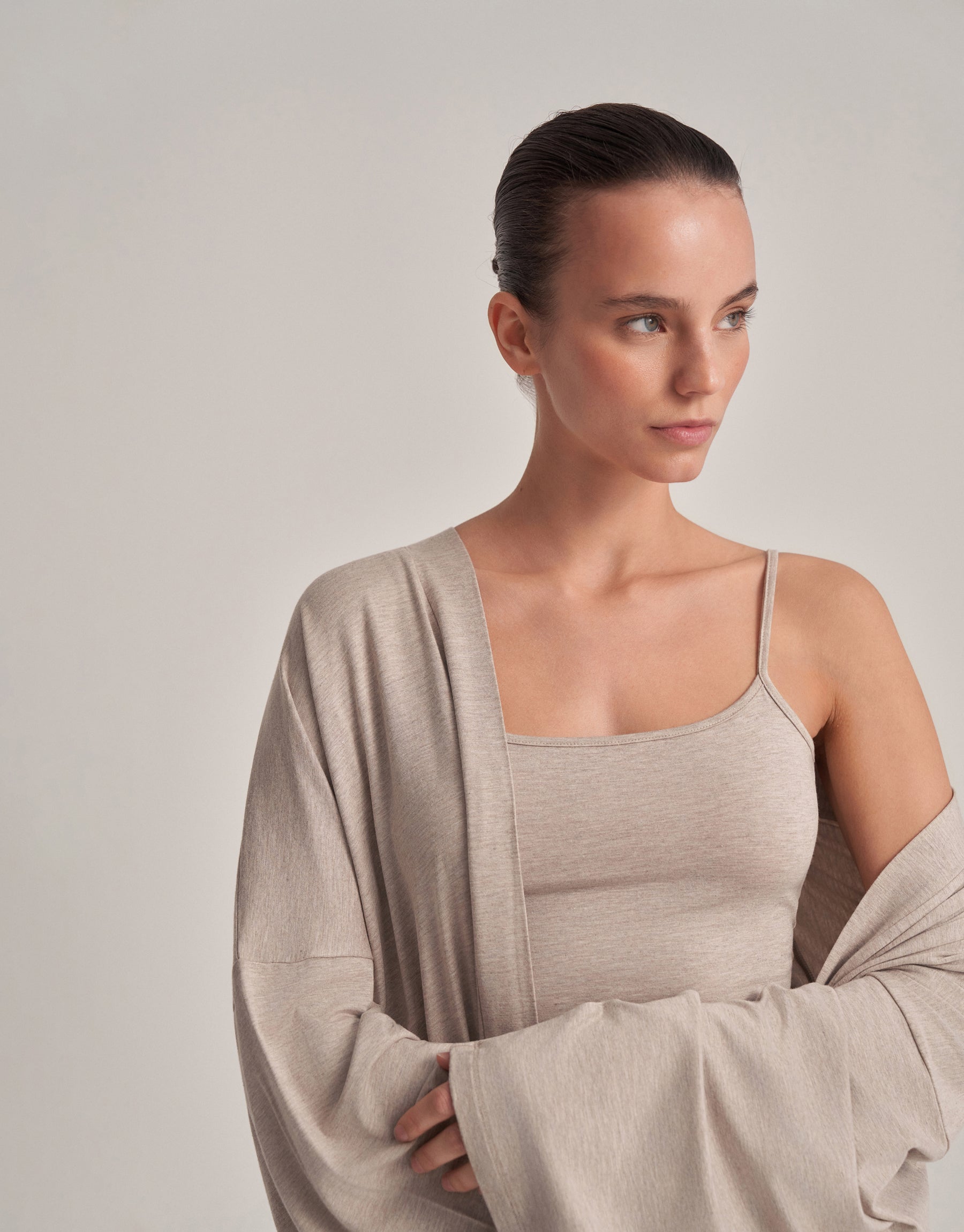 BELTED COMBINED SHORT KIMONO, ECRU MELANGE