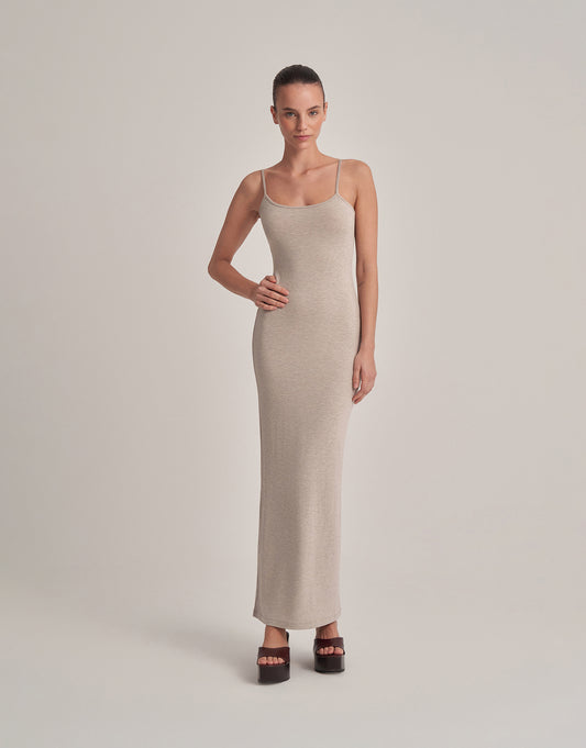 SIRT DEKOLTELİ ASKILI UZUN ELBİSE EKRU MELANJ